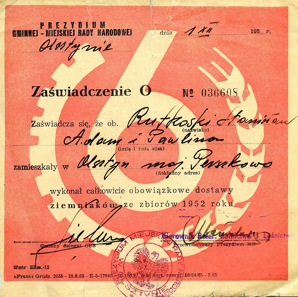 KKE 3551.jpg - Dokument . Stanisław Rutkowski zaświadczenie oziemniakow, Olsztyn, 1952 r.